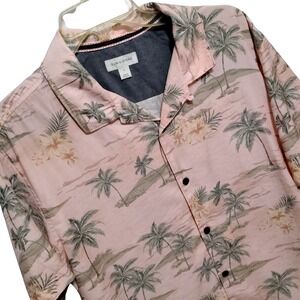 Sun Stone Mens Pink Palm Tree Print Button Down Short Sleeve‎ Shirt Large